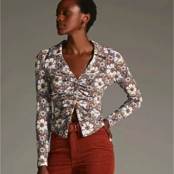 ANTHROPOLOGIE x MAEVE Ruched Floral Button Up Top Sz M {2C54} - Picture 2 of 5